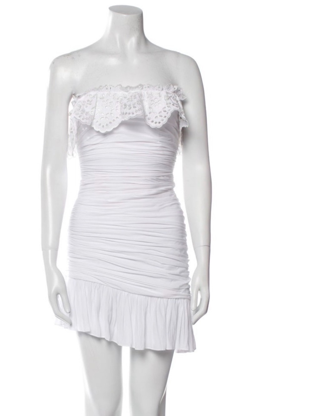 Ramy Brook White Strapless Ruched Mini Dress with Eyelet Ruffle